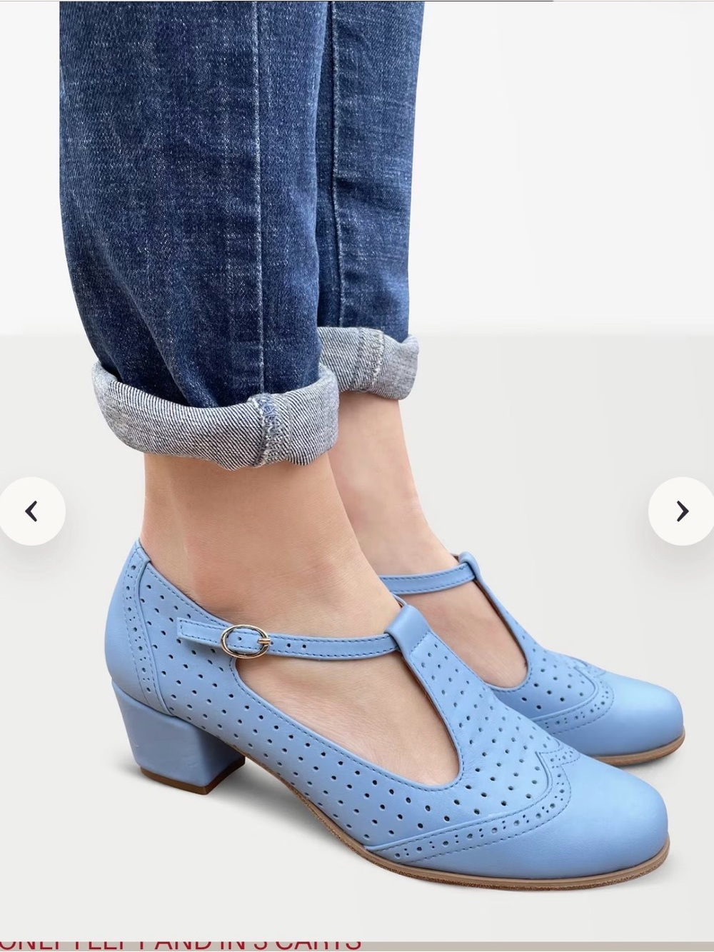 Women's T-Strap Perforated Pumps in Light Blue-Julia Bo- 38 size (7 size EEUU)